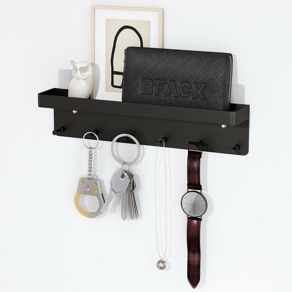 Key Holder for Wall Decorative - Mail Organizer and Key Rack with Tray for Hallway Kitchen Farmhouse Decor,Stainless Steel Key Hooks Mail Holder Wall Mounted - 6 Hooks (Black)