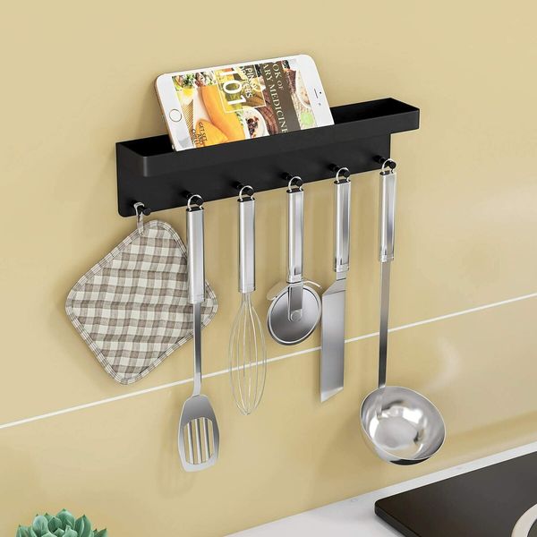 Key Holder for Wall Decorative - Mail Organizer and Key Rack with Tray for Hallway Kitchen Farmhouse Decor,Stainless Steel Key Hooks Mail Holder Wall Mounted - 6 Hooks (Black)