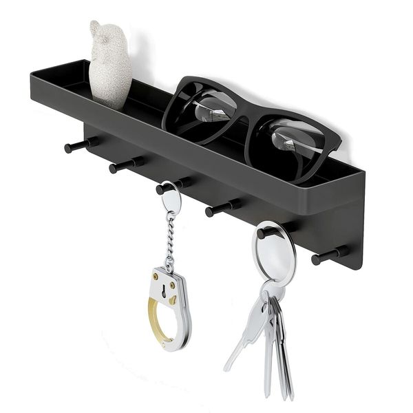 Key Holder for Wall Decorative - Mail Organizer and Key Rack with Tray for Hallway Kitchen Farmhouse Decor,Stainless Steel Key Hooks Mail Holder Wall Mounted - 6 Hooks (Black)