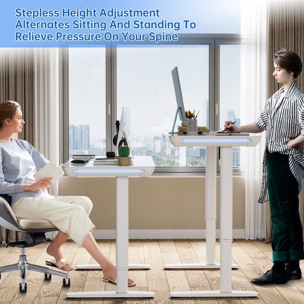 Electric Standing Desk Sit Stand Up Computer Table Height Adjustable Rising Office Workstation Motorised Tempered Glass RGB LED Lights USB White