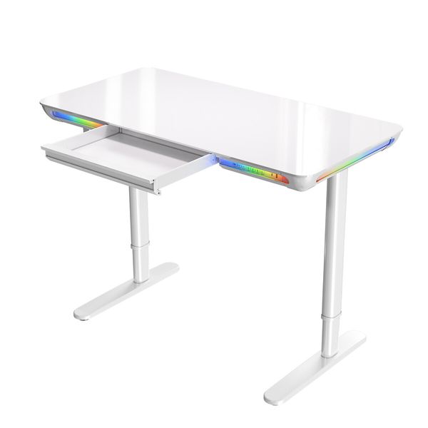 Electric Standing Desk Sit Stand Up Computer Table Height Adjustable Rising Office Workstation Motorised Tempered Glass RGB LED Lights USB White