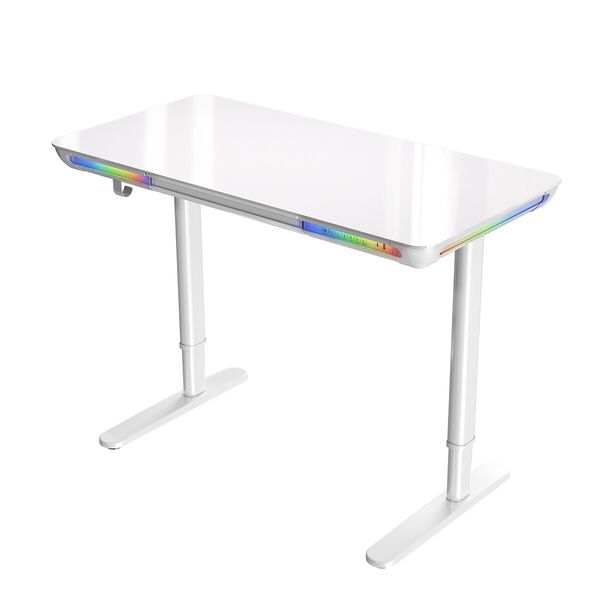 Electric Standing Desk Sit Stand Up Computer Table Height Adjustable Rising Office Workstation Motorised Tempered Glass RGB LED Lights USB White