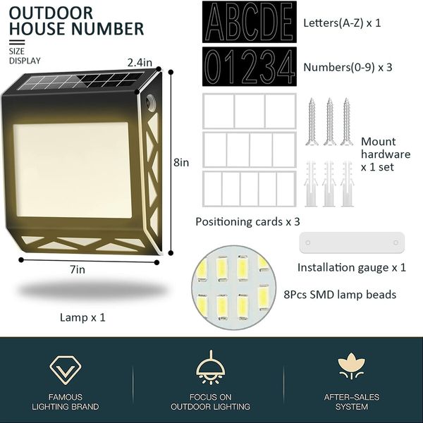 House Numbers Solar Powered Address Sign, Waterproof  Warm LED Illuminated address Plaques house numbers Smart Switch for Home Yard, Outdoor Walls