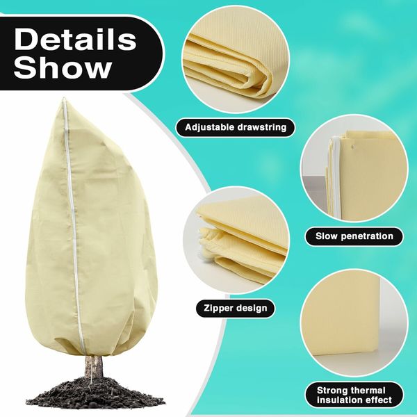 2 Packs Plant Covers Freeze Protection Large 47.7" X 71.7" Tree Covers Frost Cloth Plant Anti-Freeze Shrub Protection Bag with Zipper Drawstring Frost Blankets for Outdoor Plants (Beige)