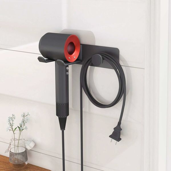 Wall Mounted Hair Dryer Holder in Stainless Steel Self-Adhesive Rack for Dyson Supersonic Blow Dryer in Black