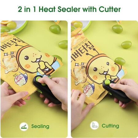 Bag Sealer Mini, Rechargeable 2 in 1 Heat Sealer with Cutter For Chip Bags, Plastic bag sealer, Green