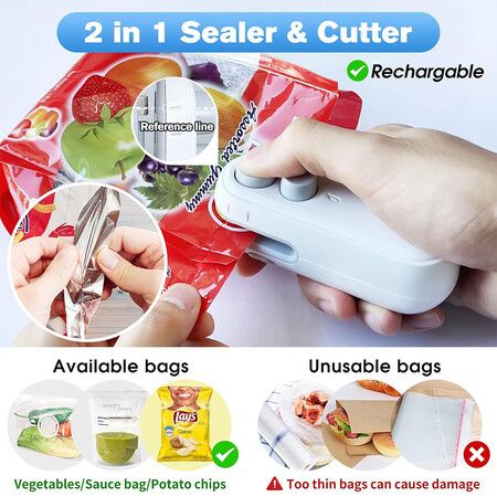 Bag Sealer Mini, Rechargeable 2 in 1 Heat Sealer with Cutter For Chip Bags, Plastic bag sealer, White