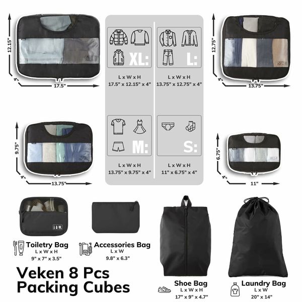 8 Set Packing Cubes for Suitcases,Travel Essentials for Carry on,Luggage Organizer Bags Set for Travel Accessories in 4 Sizes (Extra Large,Large,Medium,Small) Black