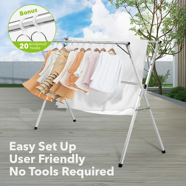 Clothes Drying Airer Stainless Steel Garment Rack Laundry Adjustable Foldable Freestanding Outdoor With 20 Hooks