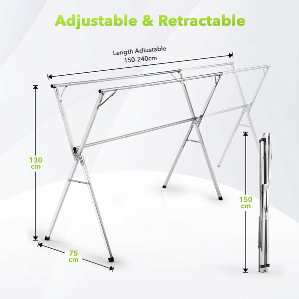 Clothes Drying Airer Stainless Steel Garment Rack Laundry Adjustable Foldable Freestanding Outdoor With 20 Hooks