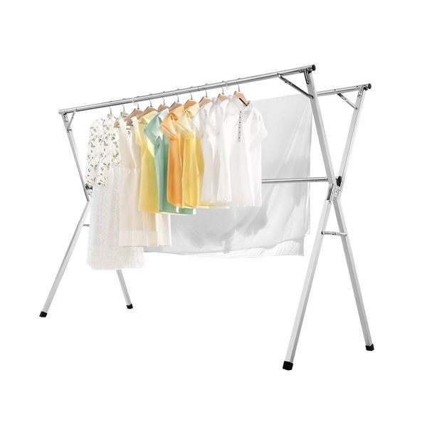 Clothes Drying Airer Stainless Steel Garment Rack Laundry Adjustable Foldable Freestanding Outdoor With 20 Hooks