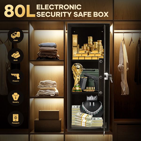 Security Box Digital Safe Electronic 80L Key Lock Fingerprint Steel Money Jewellery Cash Deposit Password Home Office