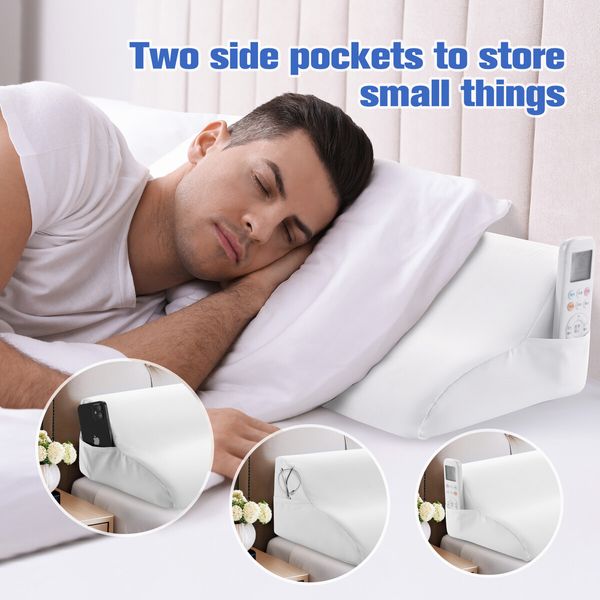 King Size Wedge Pillow Bed Gap Filler Support Foam Headboard Mattress Comfortable Cushion Bedrest Side Storage Pockets 192x25.5x15cm