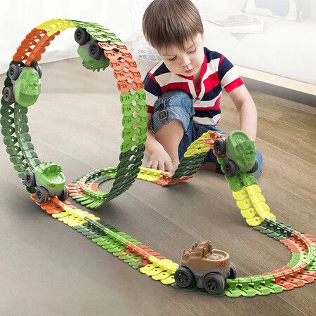 Race Car Tracks with LED Lights Race Car Dinosaur Theme Anti Gravity Can be Build in Various Ways for Toddler Preschooler Boy Kid Teen Age 3 +(92pcs)