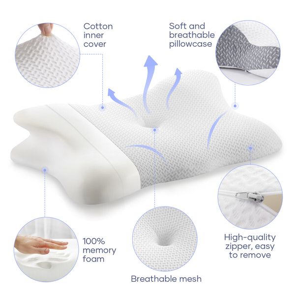 Contour Bed Pillow Cervical Memory Foam Cushion Neck Shoulder Support Ergonomic Pain Relief Side Back Stomach Sleeper Breathable Pillowcase