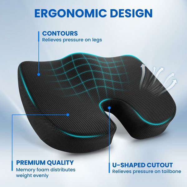 Orthopedic Seat Cushion Memory Foam Pillow Cool Gel Pad Car Gaming Office Chair Support Coccyx Tailbone Back Pain Relief Mesh Fabric Cover