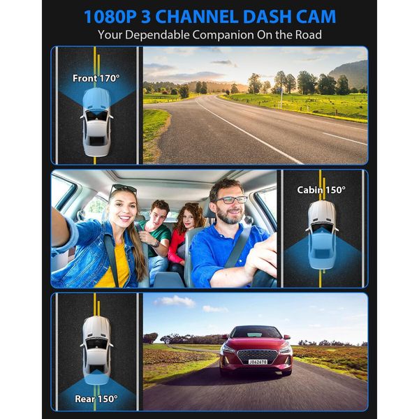 Dash Cam,3 Channel Dash Cam,1080P Front and Inside,Triple Dash Camera with 32GB Card,HDR,G-Sensor,24Hr Parking,Loop Recording