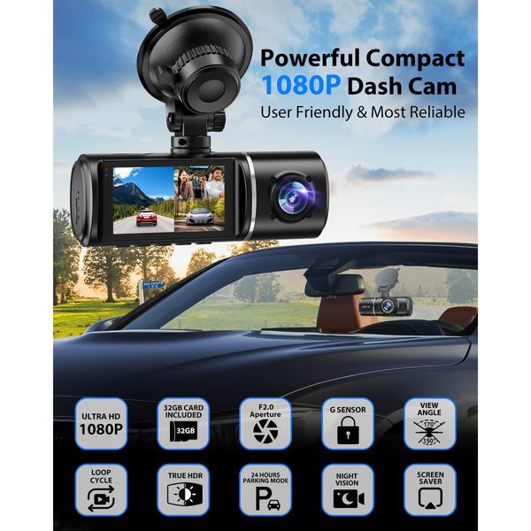 Dash Cam,3 Channel Dash Cam,1080P Front and Inside,Triple Dash Camera with 32GB Card,HDR,G-Sensor,24Hr Parking,Loop Recording