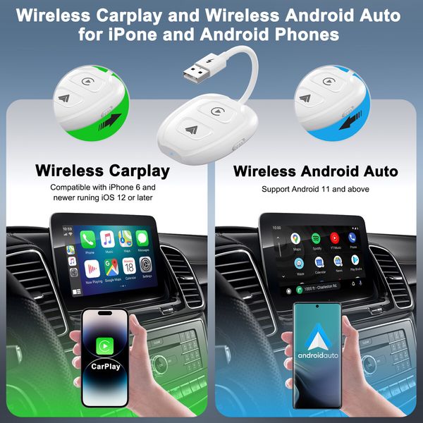 2-in-1 Wireless CarPlay Adapter & Android Auto Wireless Car Adapter,CarPlay Wireless Adapter for Wired CarPlay & Wired Android Auto Car Converts Wired to Wireless Fast and Easy Use Fit (White)