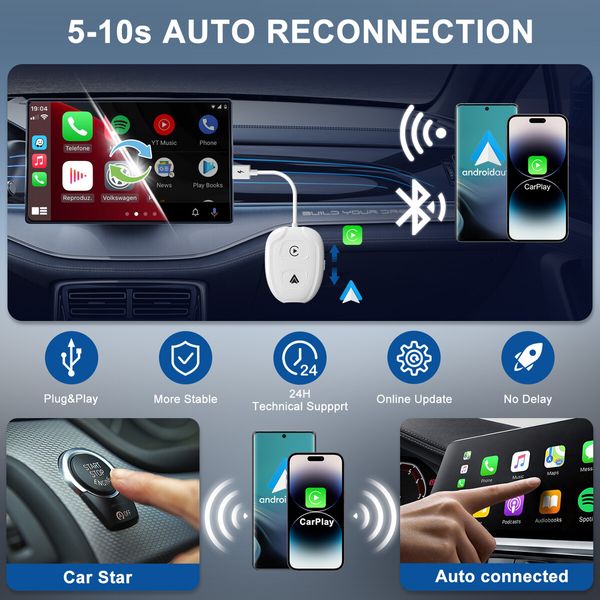 2-in-1 Wireless CarPlay Adapter & Android Auto Wireless Car Adapter,CarPlay Wireless Adapter for Wired CarPlay & Wired Android Auto Car Converts Wired to Wireless Fast and Easy Use Fit (White)