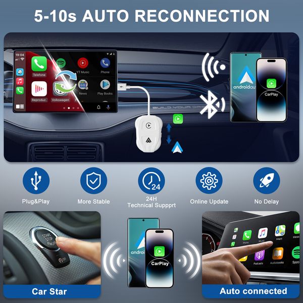 2-in-1 Wireless CarPlay Adapter & Android Auto 2024 Upgrade Dongle Convert Wired Apple Car Play to Wireless,Plug & Play,Fast Auto Connect,Compatible with iOS 12+ & Android 11+ (White)