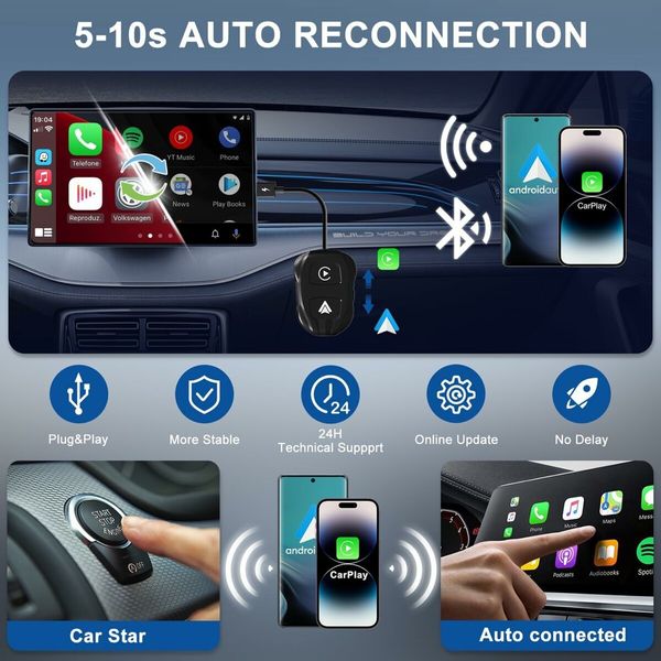 2-in-1 Wireless CarPlay Adapter & Android Auto Dongle Convert Wired Apple Car Play to Wireless,Plug & Play,Fast Auto Connect,Compatible with iOS 12+ & Android 11+ (Black)