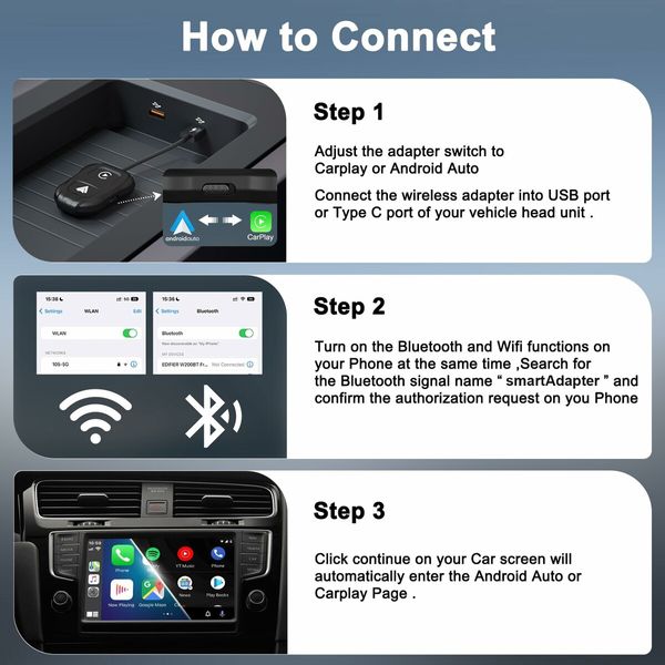 2-in-1 Wireless CarPlay Adapter & Android Auto Dongle Convert Wired Apple Car Play to Wireless,Plug & Play,Fast Auto Connect,Compatible with iOS 12+ & Android 11+ (Black)