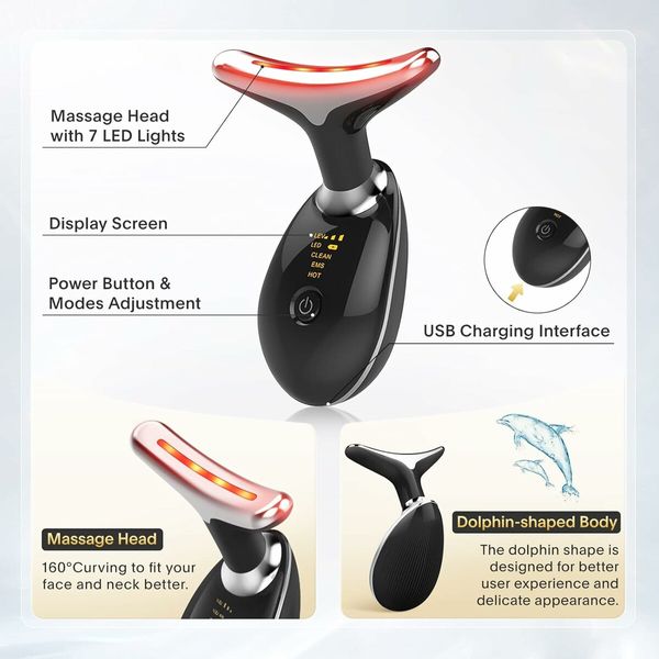 Neck Tightening Device, Wrinkle Removal Device, Facial Neck Massager for Face Lifting, Anti Aging, Bright Black