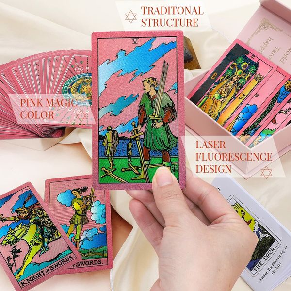 Tarot Cards Pink Tarot Cards with Guide Book Waterproof and Wrinkle Resistant Tarot Gold Foil Tarot Cards for Beginners Pink Tarot Deck Tarot Cards with Meanings on Them Gold Tarot Cards