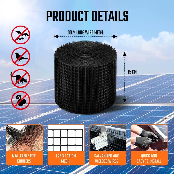 Solar Panel Bird Wire Mesh Roll Kit Screening Fence Critter Guard Proofing Barrier Black For Pigeons Rodents Squirrels 30M