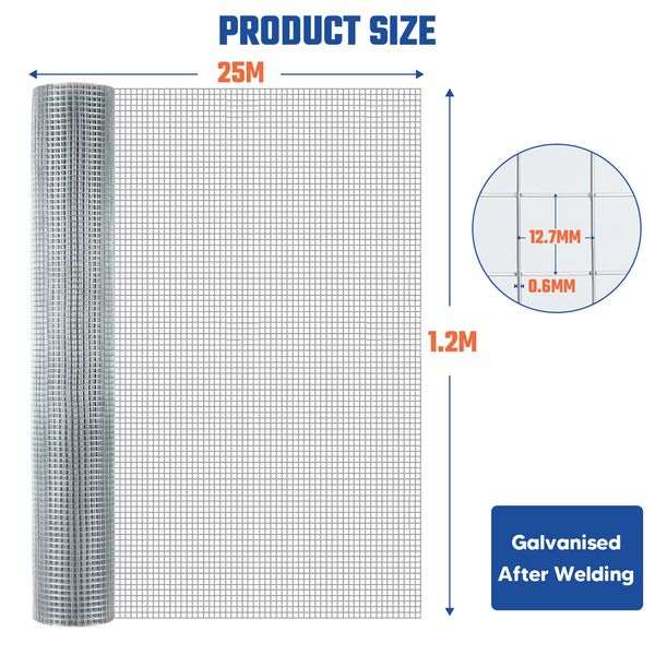 Hardware Cloth Wire Mesh Galvanised Welded Fence Roll Chicken Coop Rabbit Cage Guard Barrier Enclosure 25m x 1.2m