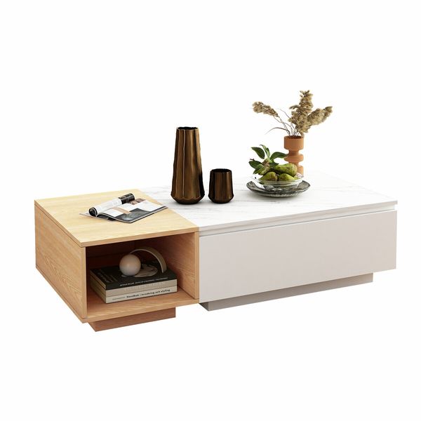 Detachable Coffee Table Bed Side Sofa Cabinet Laptop Desk Wooden Book Shelf Storage Drawer Living Room Furniture High Gloss White Marble Tabletop