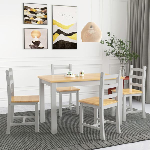 Wooden Table Set Chairs 5 Piece Dining Kitchen Pine Wood Furniture Rectangular Grey Oak Modern Office Work