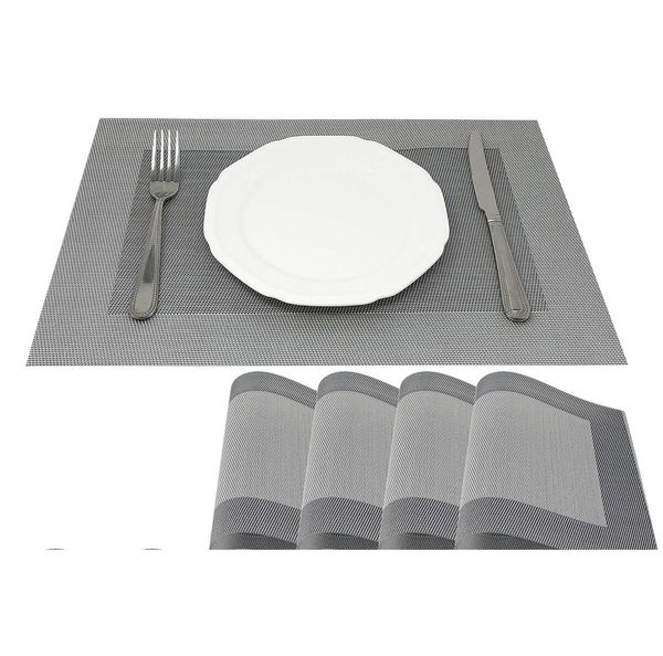 Silver 4 pack 30*45cm Placemats Easy to Clean Plastic Placemat Washable for Kitchen Table Heat - resist and Woven Vinyl Table Mats