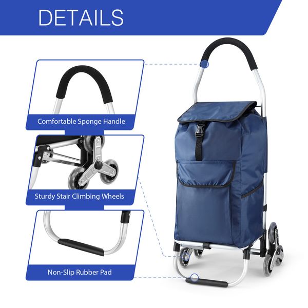 Foldable Shopping Cart Aluminium Storage Trolley Grocery Wheeled Rolling Folding Utility Market Granny Stair Climbing Bag on Wheels 45kg