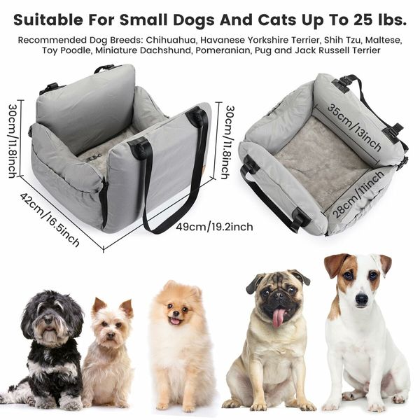 Dog Car Seat for Small Dogs Booster Seat with Storage Pockets & Clip-On Safety Leash Detachable Washable Dog Cat Trave Bed for Dogs Under 25lbs-Grey