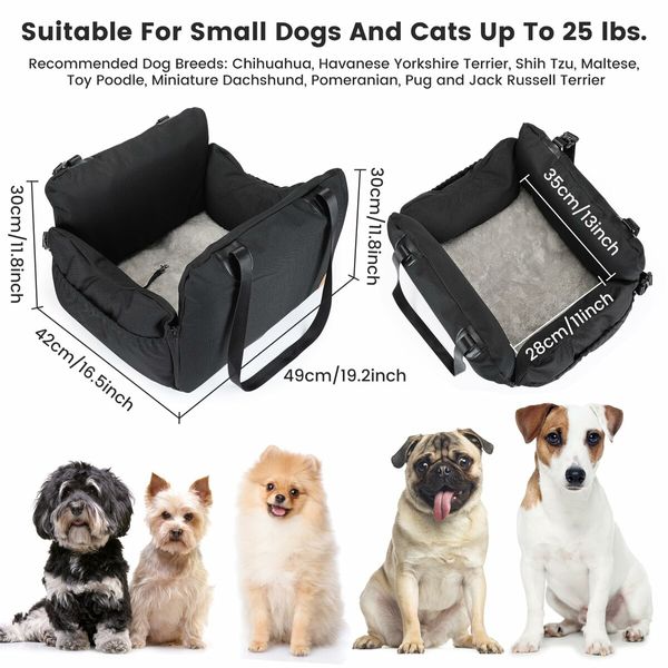 Dog Car Seat for Small Dogs Booster Seat with Storage Pockets & Clip-On Safety Leash Detachable Washable Dog Cat Trave Bed for Dogs Under 25lbs-Black