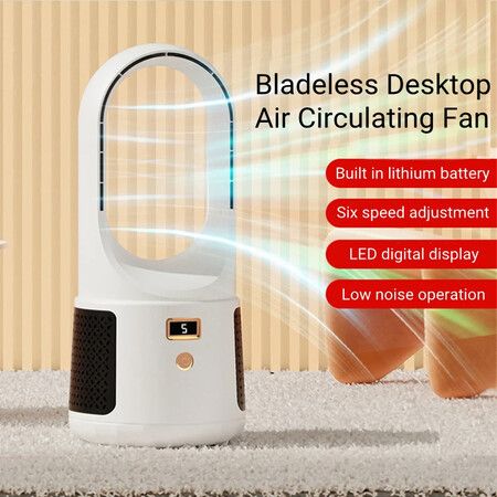 USB Electric Vaneless Bladeless Table Fan 1200mAh Rechargeable Home Appliances Wireless Cooling Ventilator 6 Gear Wind Air Cooler Fan Color Black