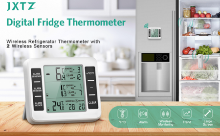 Indoor Outdoor Thermometer, Freezer Refrigerator  Fridge Thermometer  Digital with 2 Sensors, Wireless  Temperature Alarm, Min/Max Trend Display