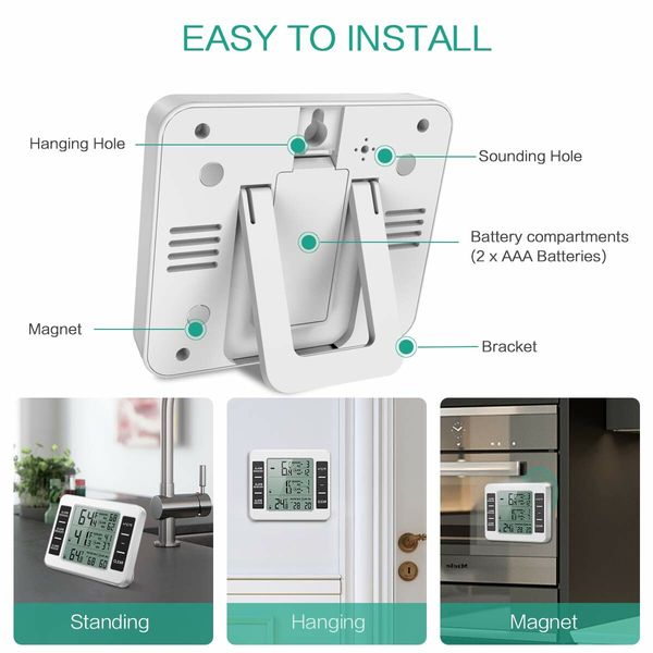 Indoor Outdoor Thermometer, Freezer Refrigerator  Fridge Thermometer  Digital with 2 Sensors, Wireless  Temperature Alarm, Min/Max Trend Display