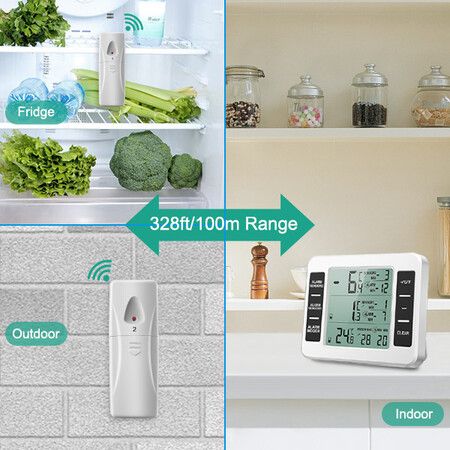 Indoor Outdoor Thermometer, Freezer Refrigerator  Fridge Thermometer  Digital with 2 Sensors, Wireless  Temperature Alarm, Min/Max Trend Display