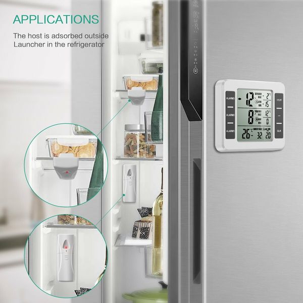 Indoor Outdoor Thermometer, Freezer Refrigerator  Fridge Thermometer  Digital with 2 Sensors, Wireless  Temperature Alarm, Min/Max Trend Display