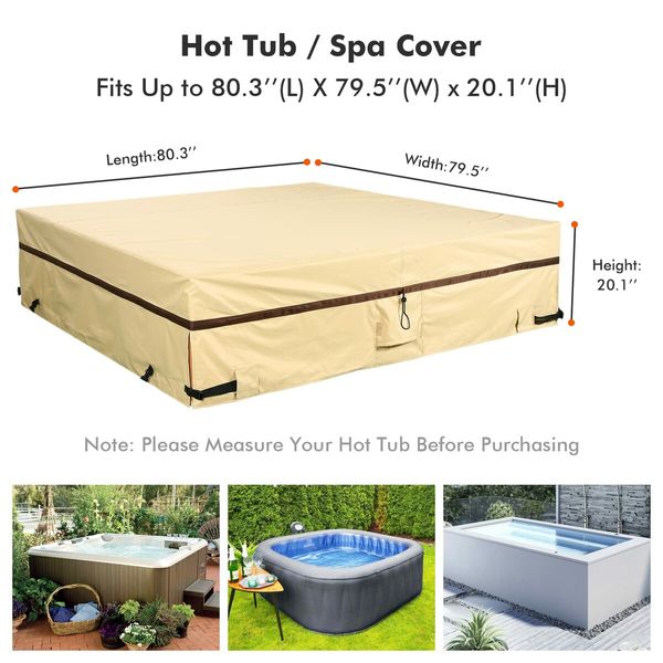 Square Waterproof Pool Spa Jacuzzi Cover, Outdoor Heavy Duty 600D Oxford Spa Cover, UV Protected Spa Cover for Hot Tub Beige 80x80x20inch