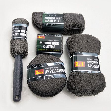 9p Set Car Cleaning MicroFiber Cloth Sponge Including Tyre Brush, Wash Mitt, Sponge, Washcloths, Car Care Set for Car, Motorcycle Window Kitchen