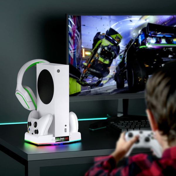 Cooling Fan Stand for Xbox Series S with Charger Station Controller Charging Dock & Console Cooler System with Colorful RGB Light & Headset Hook