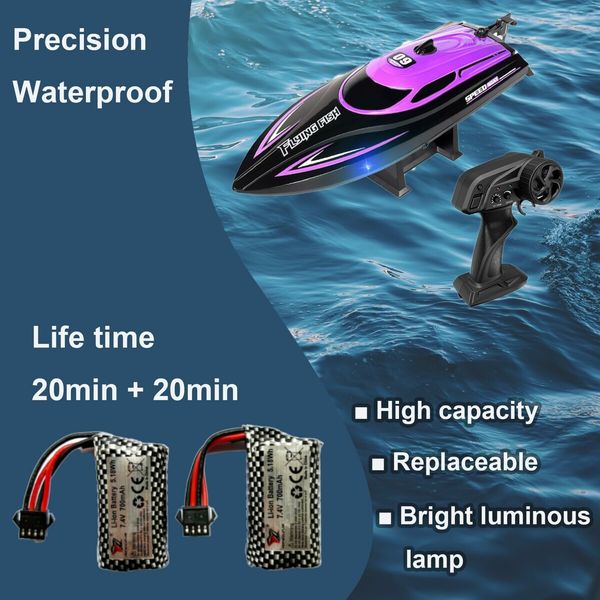 RC Boat with 2 Rechargeable Battery,20+ MPH Fast Remote Control Boat for Pools and Lakes,2.4G RC Boats Pool Toys Age3+ (Purple)