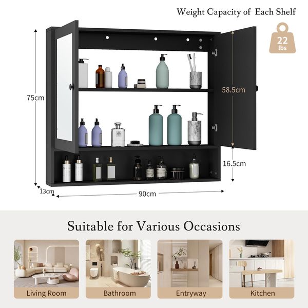 Bathroom Mirror Cabinet Storage Organiser Shaving Medicine Shaver Wall Cupboard Bath Toilet Shelves Furniture Organizer with 2 Doors Black