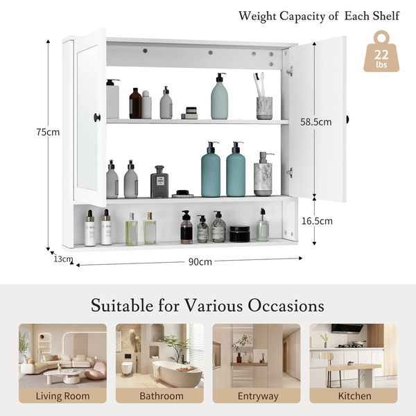 Bathroom Mirror Cabinet Medicine Shaver Shaving Storage Organiser Wall Bath Cupboard Toilet Shelves Furniture Organizer with 2 Doors White