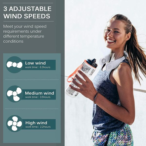 Portable Cool Neck Fan Rechargeable Battery Powered Portable Wearable 360 Degree Fan 2000mAh Bladeless Personal Fan 3 Speeds Color White