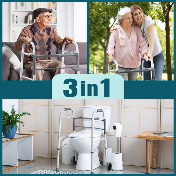 3 IN 1 Folding Walker Medical Aid Elderly Mobility Walking Height Adjustable Toilet Outdoor Aluminum Frame Wheels Standard Lightweight